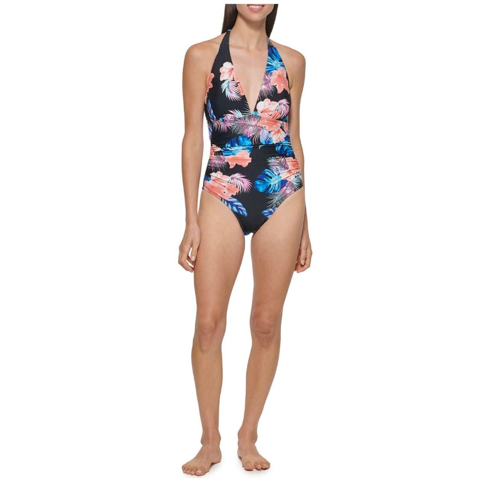 NWT DKNY Women's One Piece Tummy Control Ruched Waist Halter Neckline Swimsuit